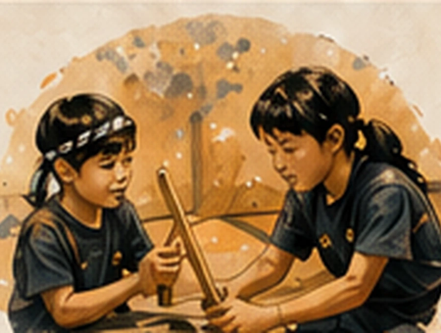 年上の子が年下の子に太鼓の持ち方を教える